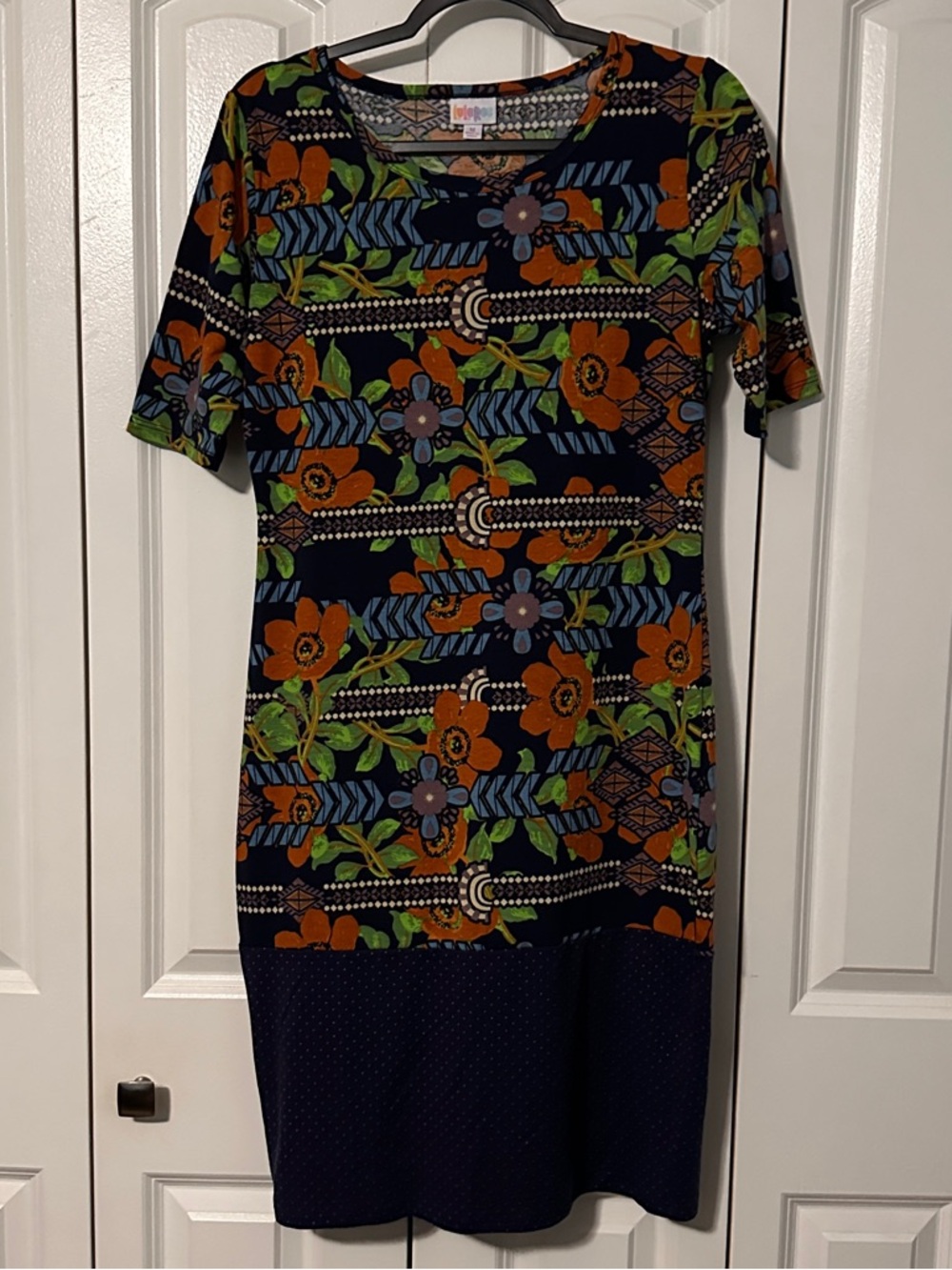 LuLaRoe Navy Dress with Orange and Green Floral Print